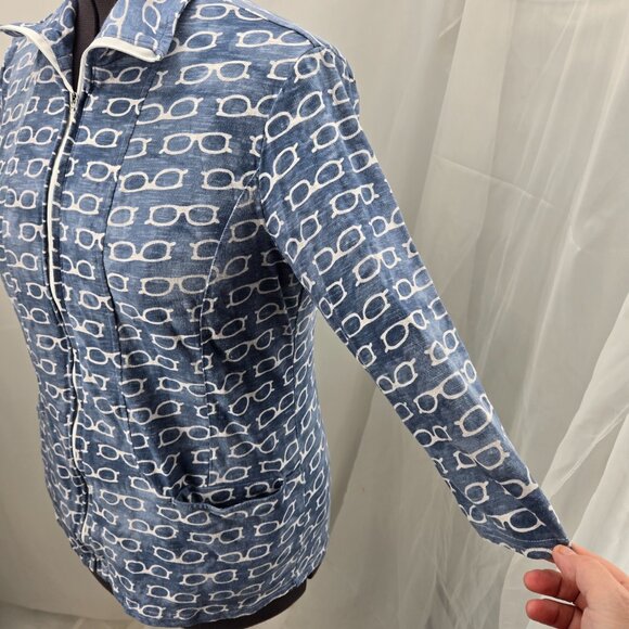810-4 Chico’s Zenergy glasses print zippered ¾ sleeve jacket Size 2 Large/12 - Picture 3 of 9